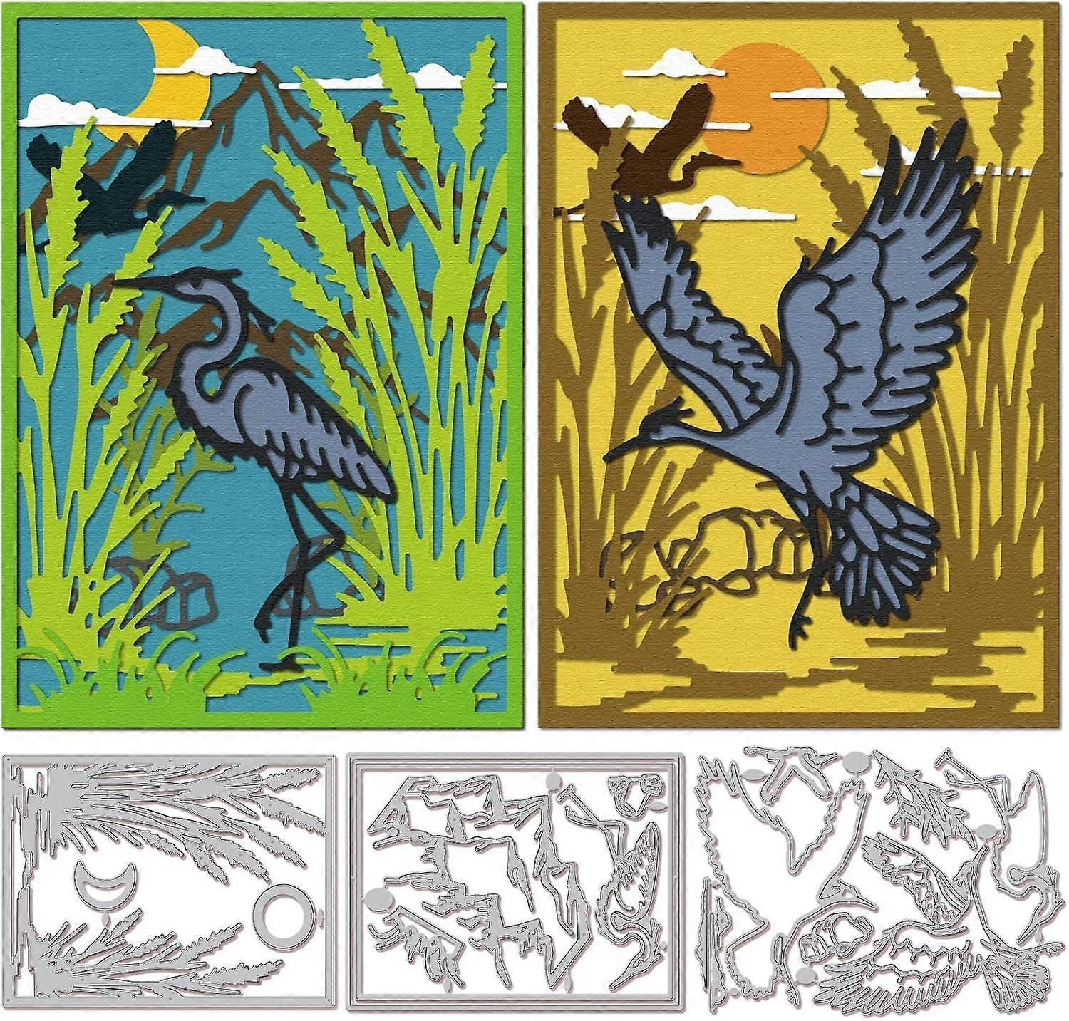Heron Frame Cutting Dies for DIY Scrapbooking Metal Reeds Birds Cut Dies Mountains Die Cuts for Card Making Embossing