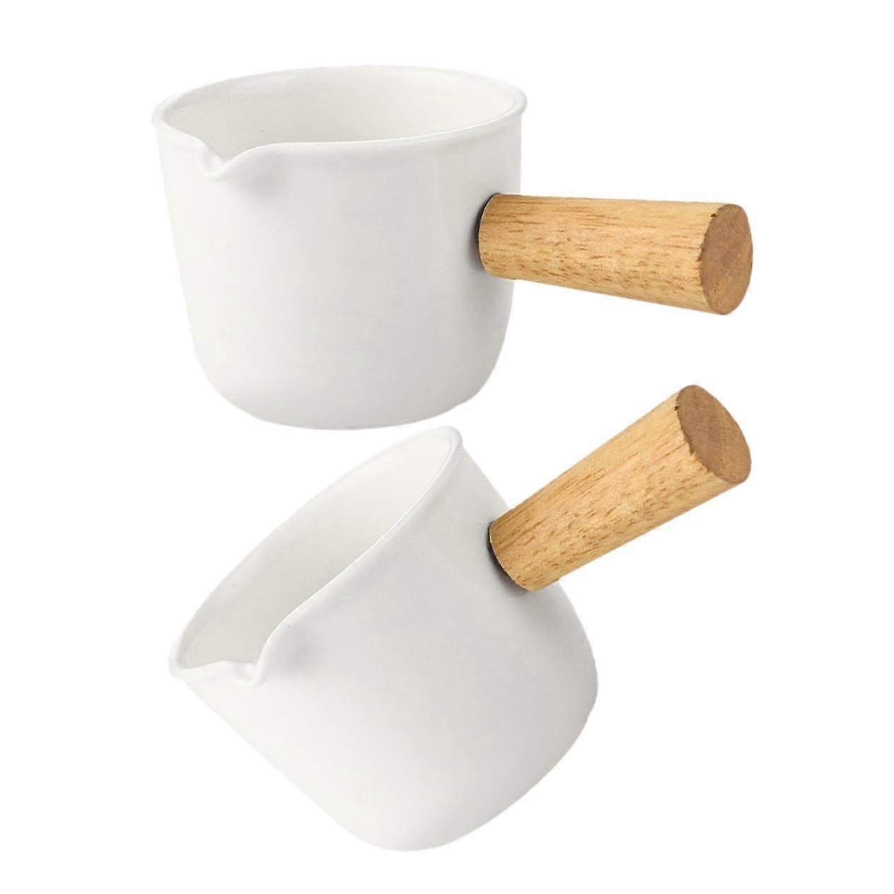 2 Pack Mini Porcelain Coffee Pitcher with Wooden Handle, White Ceramic Creamer Jug for Espresso, Milk and Sauce Serving in Home or Cafe