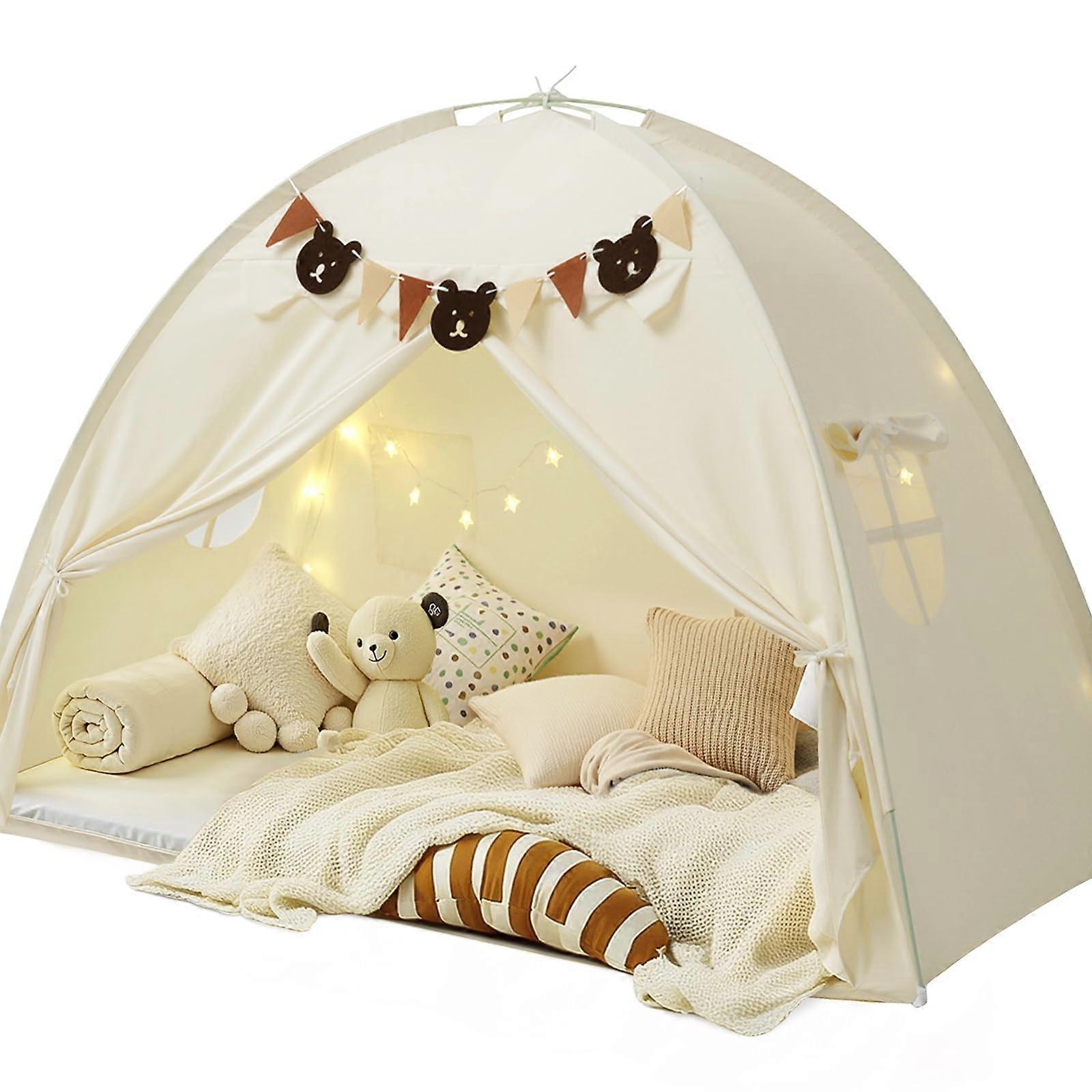 Bed Privacy Tent Full Size Pink with Star Lights Mesh Windows and Storage Pockets