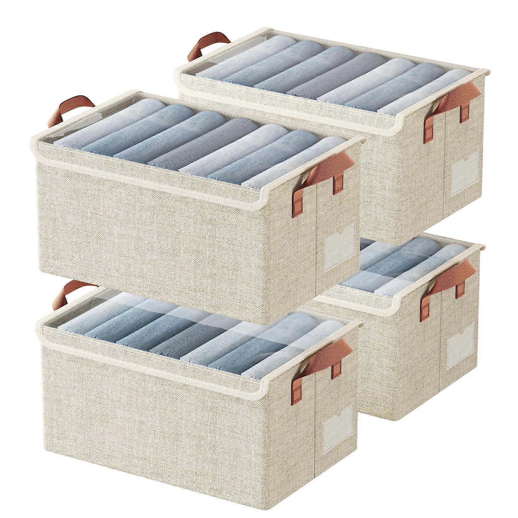 Clothes Storage Bins with Lids, 4 Pack Large Collapsible Fabric Boxes with Metal Frame, Beige 23L