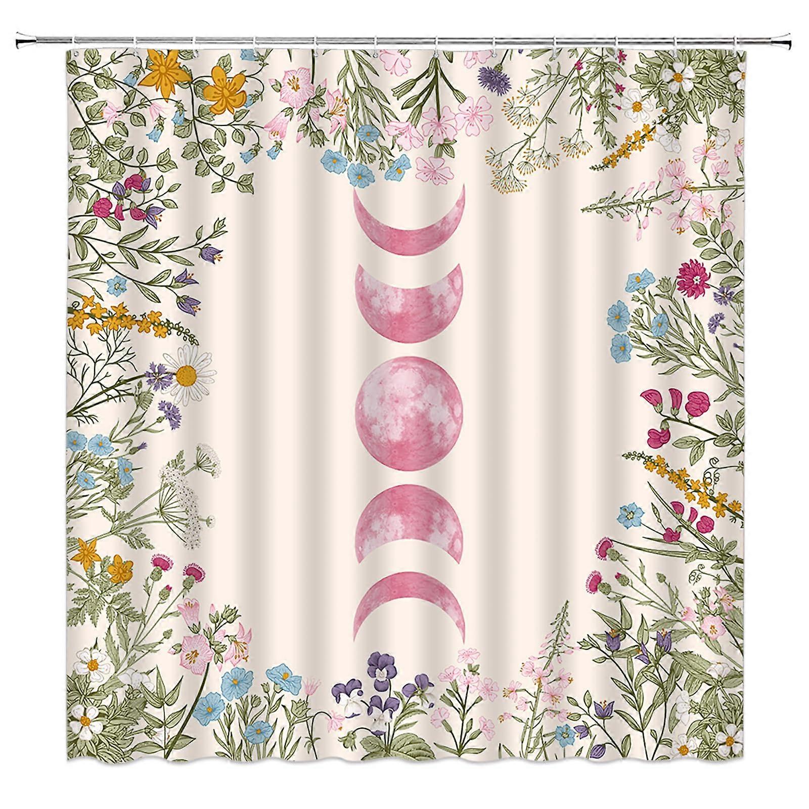 Shower Curtain 70x70 Inches Rustic Floral Moon Phase Waterproof Polyester with Hooks