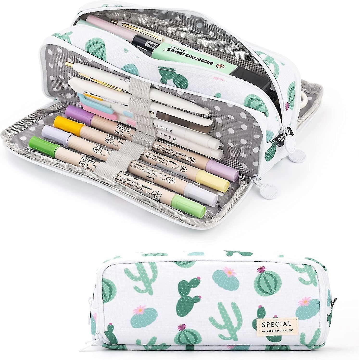 Large Canvas Pencil Case with 3 Compartments for School Students