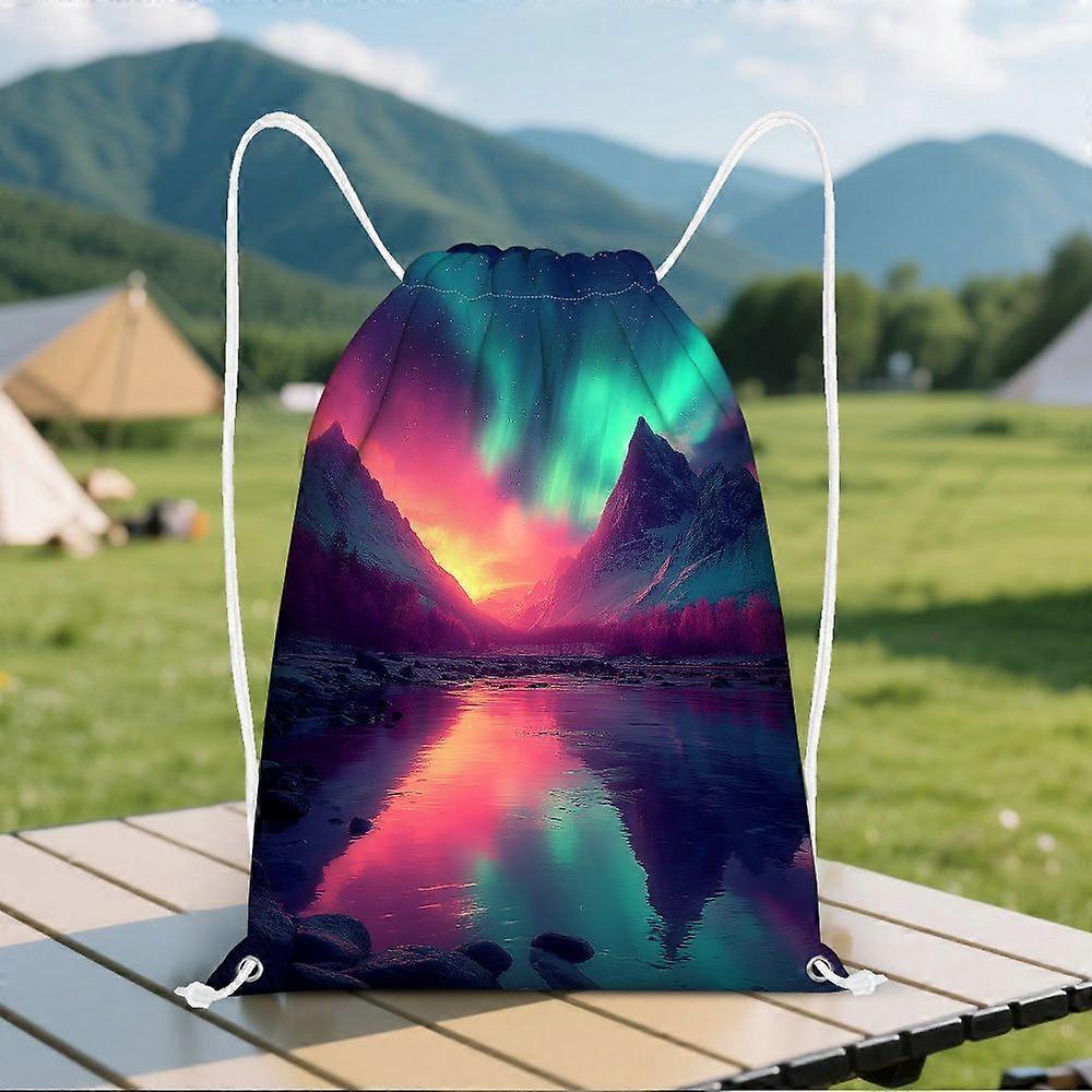 1pc Aurora Over Frozen Peaks 2D Graphic Print Drawstring Backpack - Durable Softshell, Adjustable Drawstring Closure, Ca-Gqazw