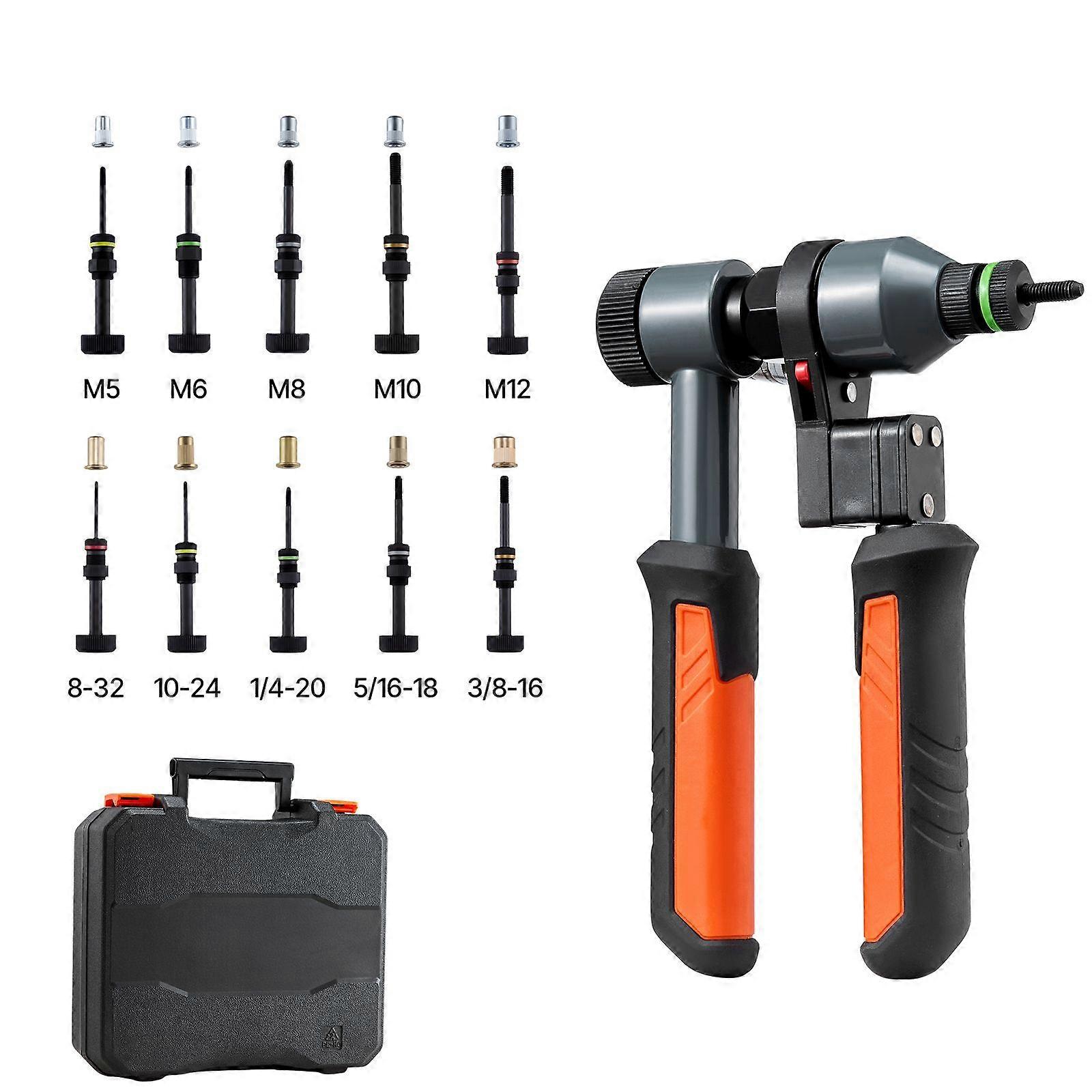 Kit de ferramentas para rebites e porcas, com catraca de 9 polegadas, 10 mandris e 100 porcas.