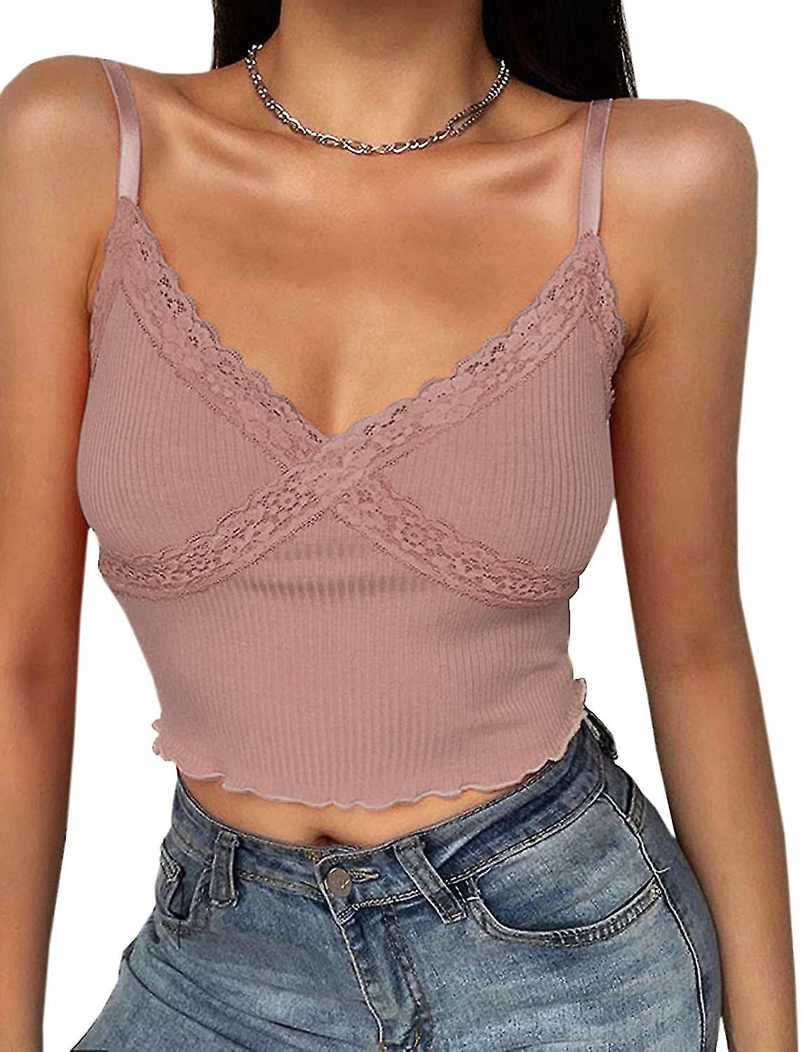 Womens Lace Patchwork V Neck Camisole Ribbed Spaghetti Strap Crop Cami Tank Tops