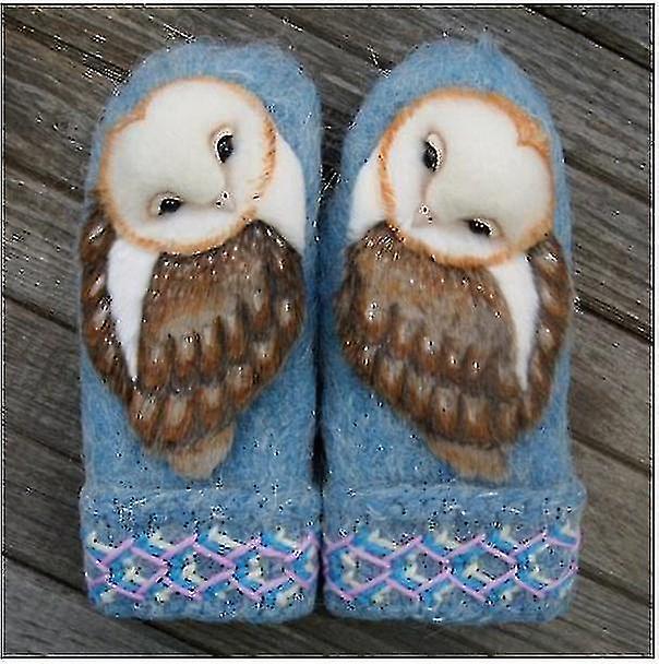 Handgestrickte Wollhandschuhe Nordische Fäustlinge mit Eulen