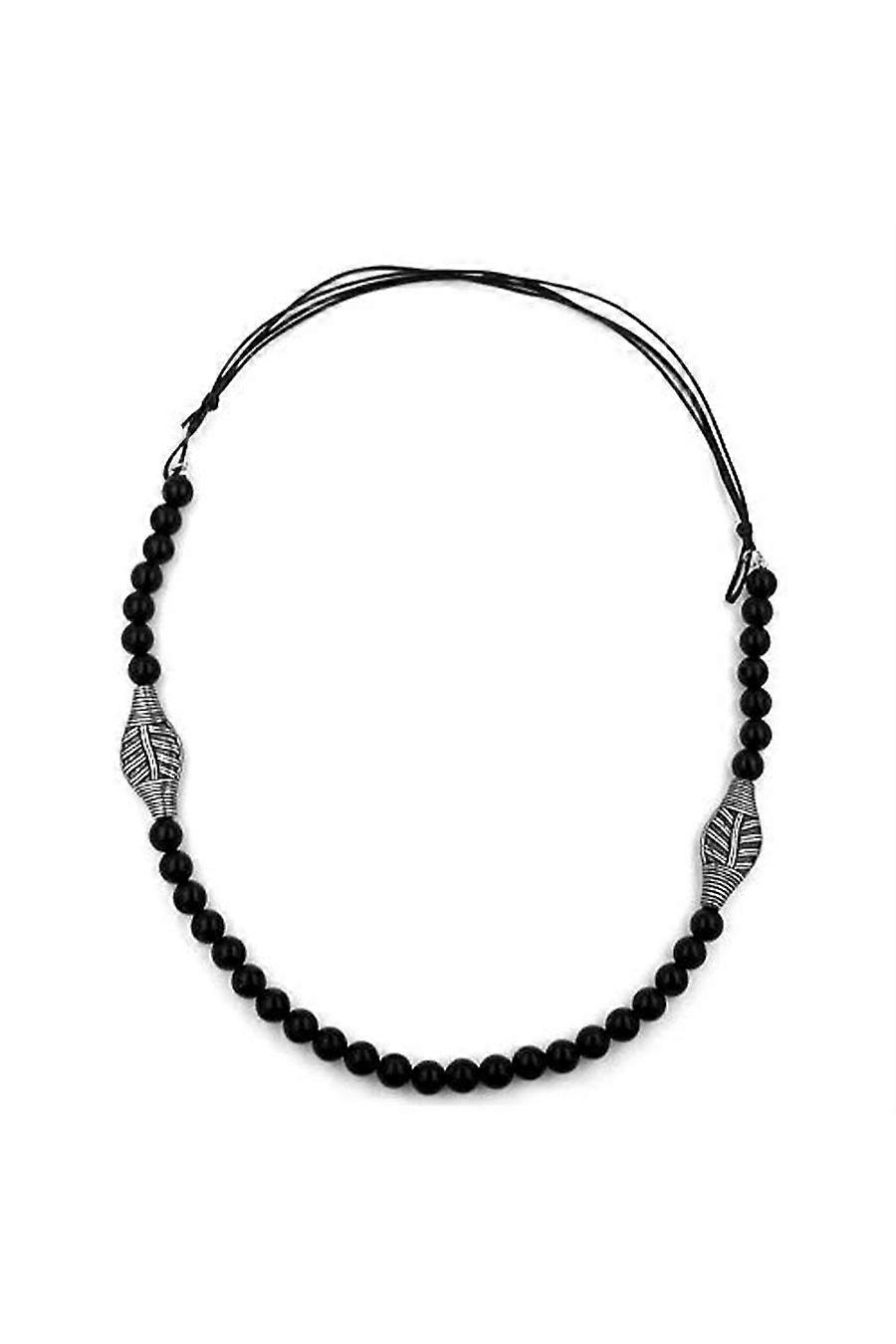Necklace Black Beads Leaf Antique Silver Coloured - Gl01176