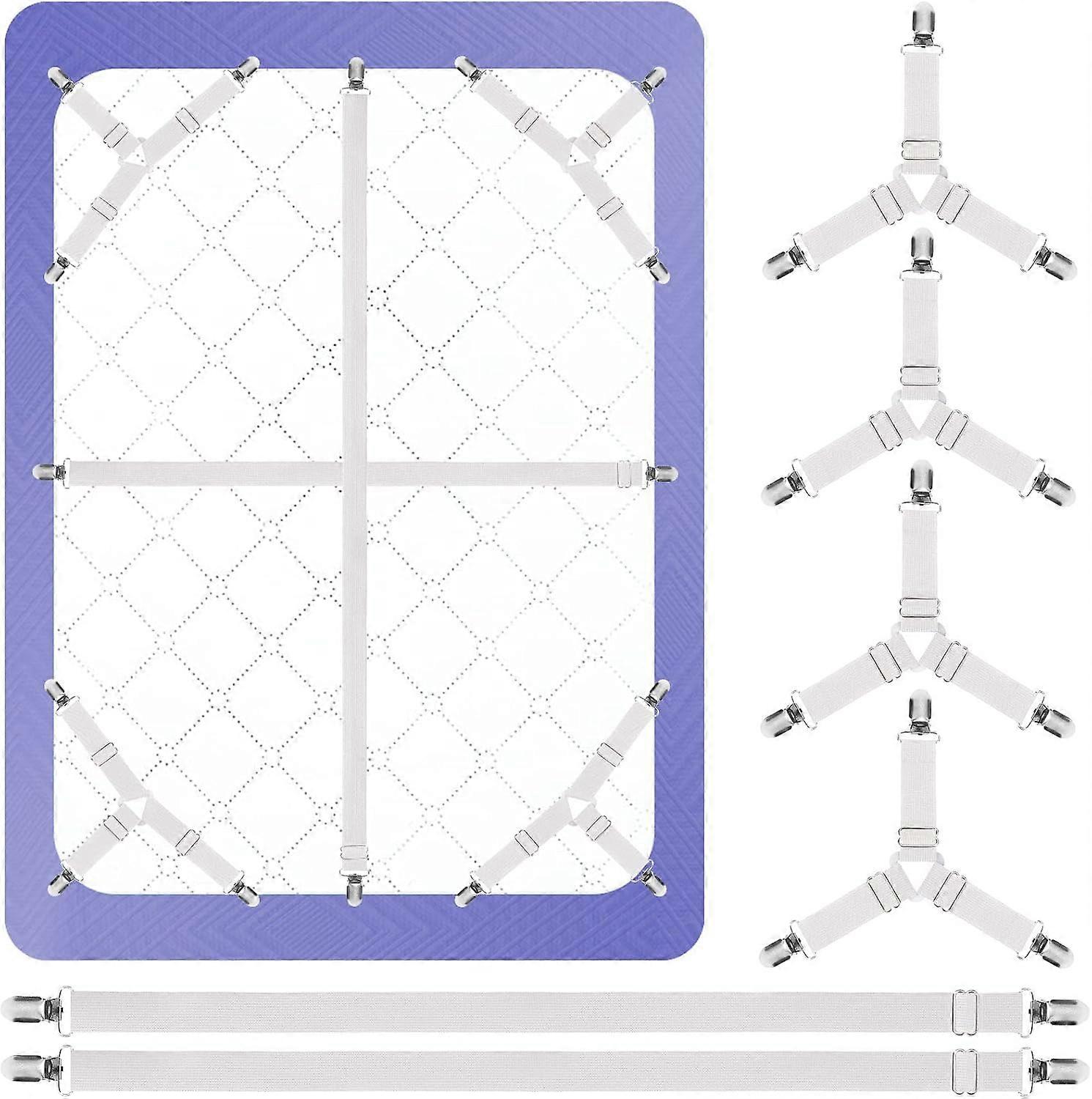 Bed Sheet Holder Straps, 4+2 Set, 2 more Straight Sheet Straps for the Mattress Middle and 4 Triangle Sheet Clips for Corners, Adjustable Elastic