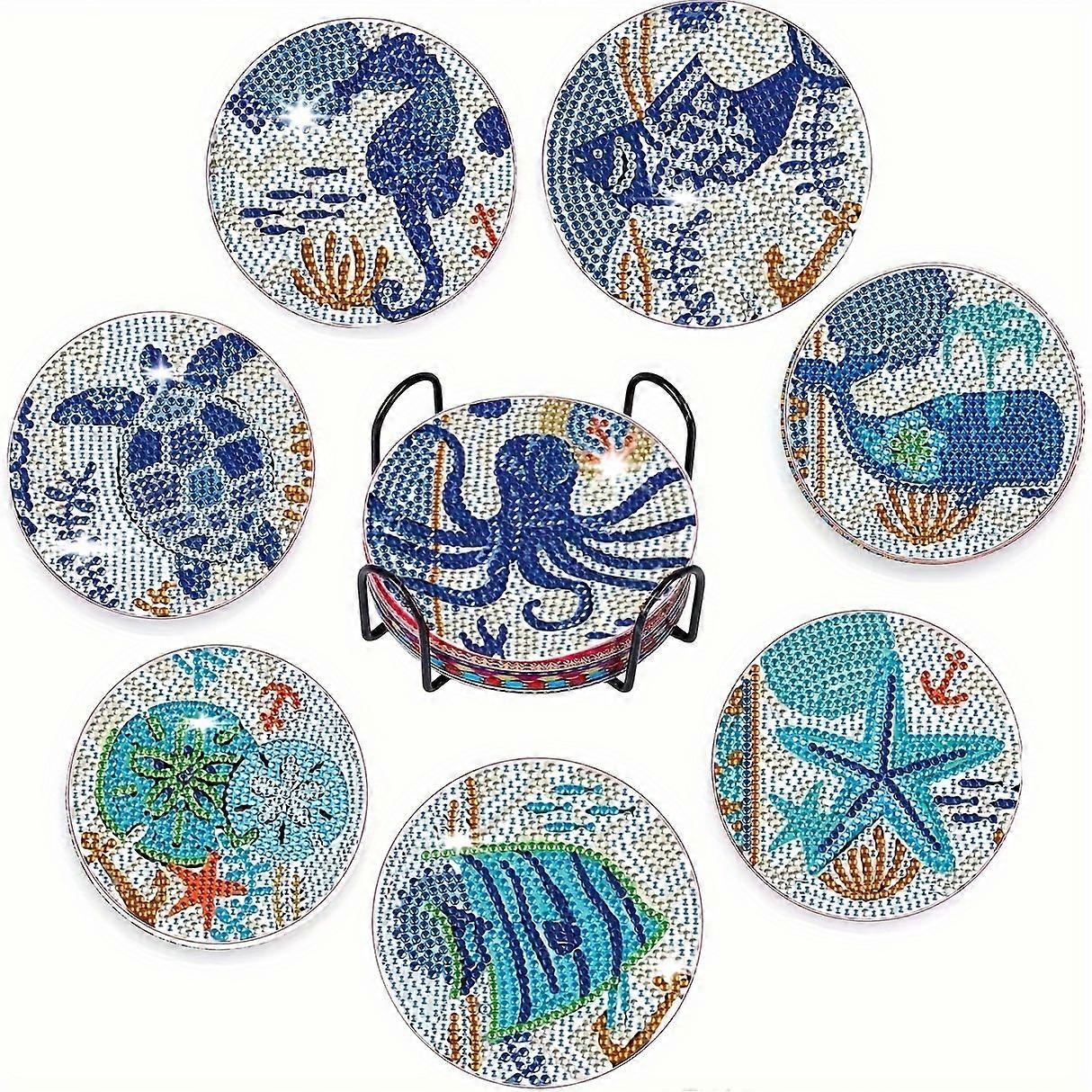 8pcs DIY人工ダイヤモンドアートコースター - 見事なクリスタルの明るいラインストーン、海の動物のデザイン、パーフェクトクラフトサップであなたの傑作を手作り