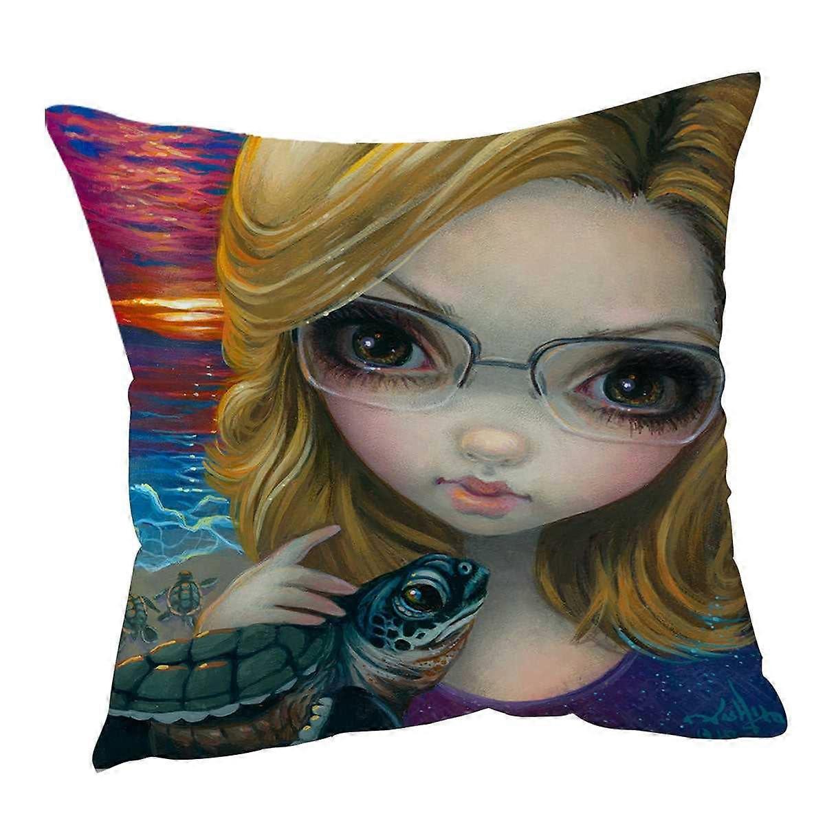 Faces of Faery #237 Glasses Girl and Sunset Turtles Cushion Cover
