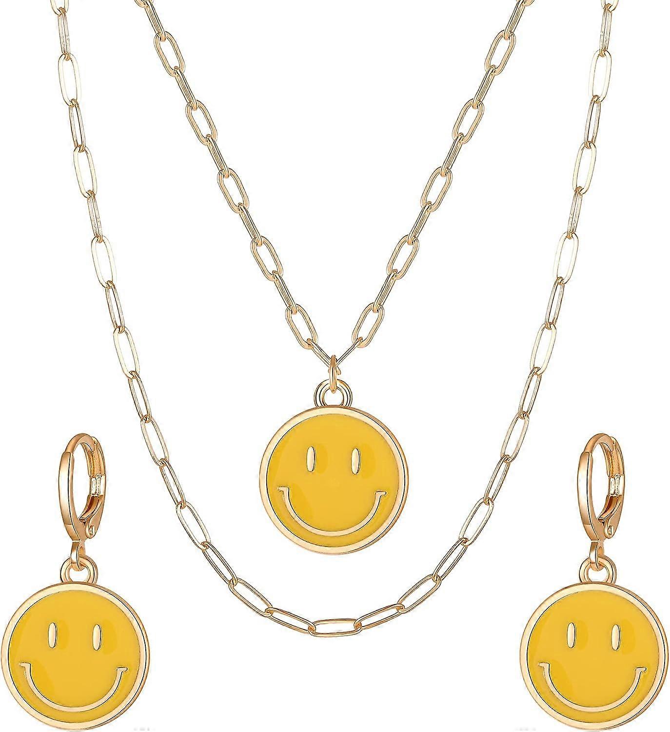 QQDD Smiley Face ketting en oorbellen Set, 14K gouden Multi layer Paperclip Chain Preppy