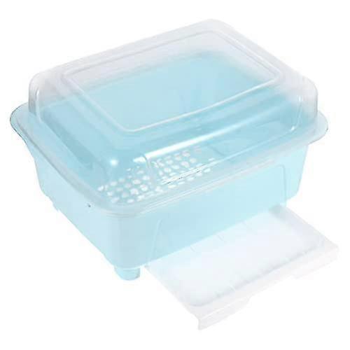 Blue Plastic Kitchen Dish Drying Rack with Lid - Small Dish Organizer Tray