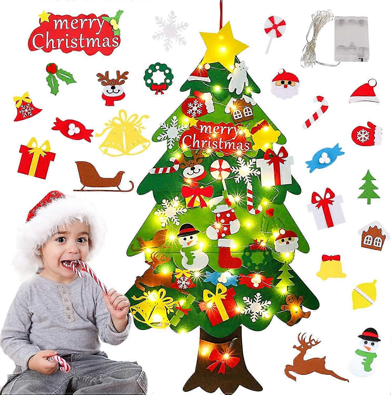 Felt Christmas Tree Set, Diy Christmas Tree Felt Wall Hanging With 34pcs Detachable Colorful Ornaments And String Light For Kids Toddlers Xmas New Yea
