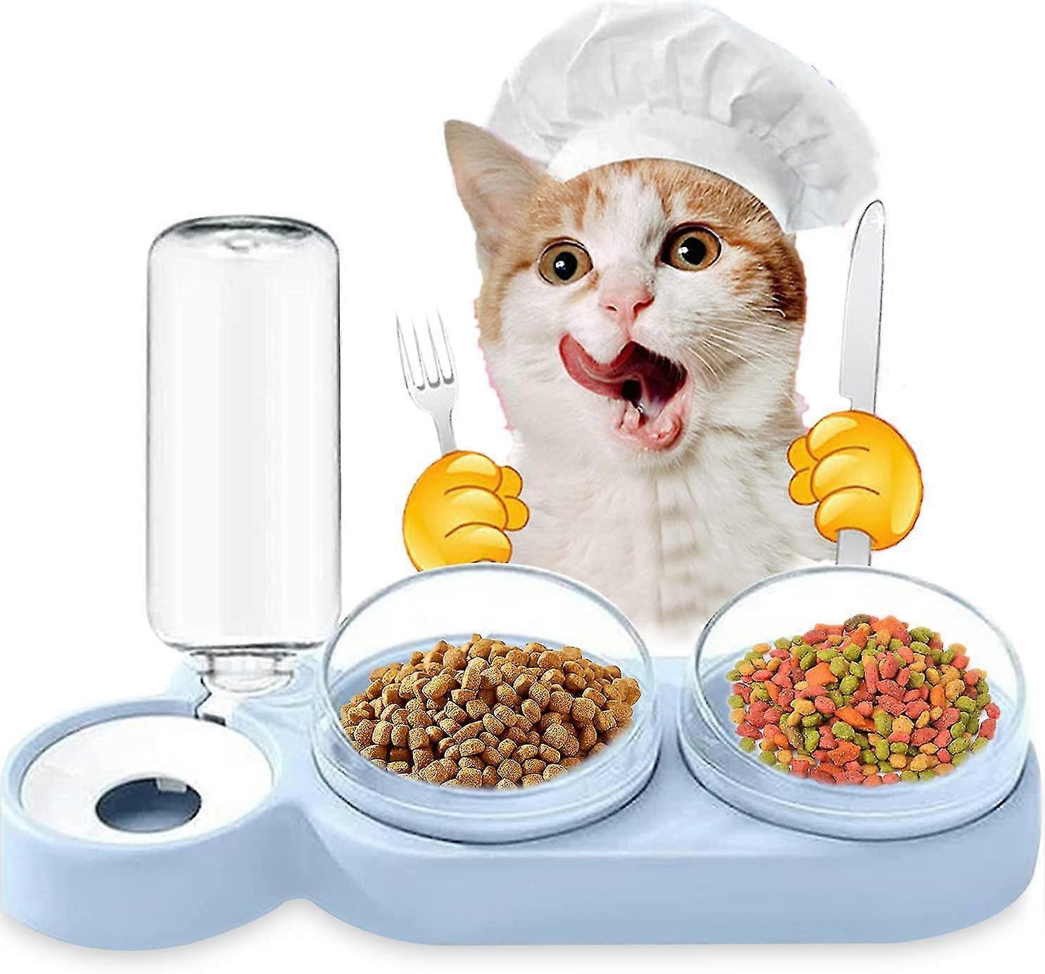 Elevated Double Cat And Dog Bowl, 3 In 1 Automatic Pet Food And Water Dispenser, 15 Tilted Double Food Bowl, For Cats And Puppies (blue)