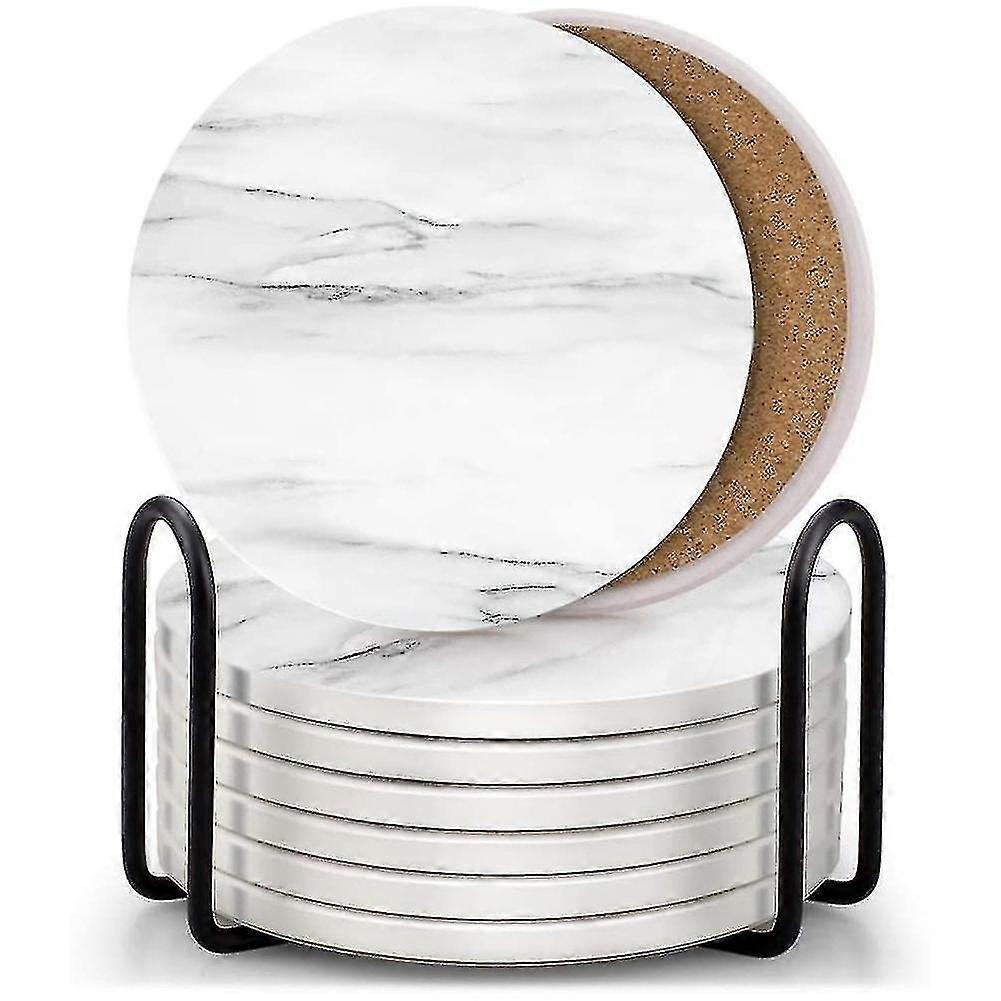 8 Absorbent Marble Style Ceramic Drink Coaster With Holder White