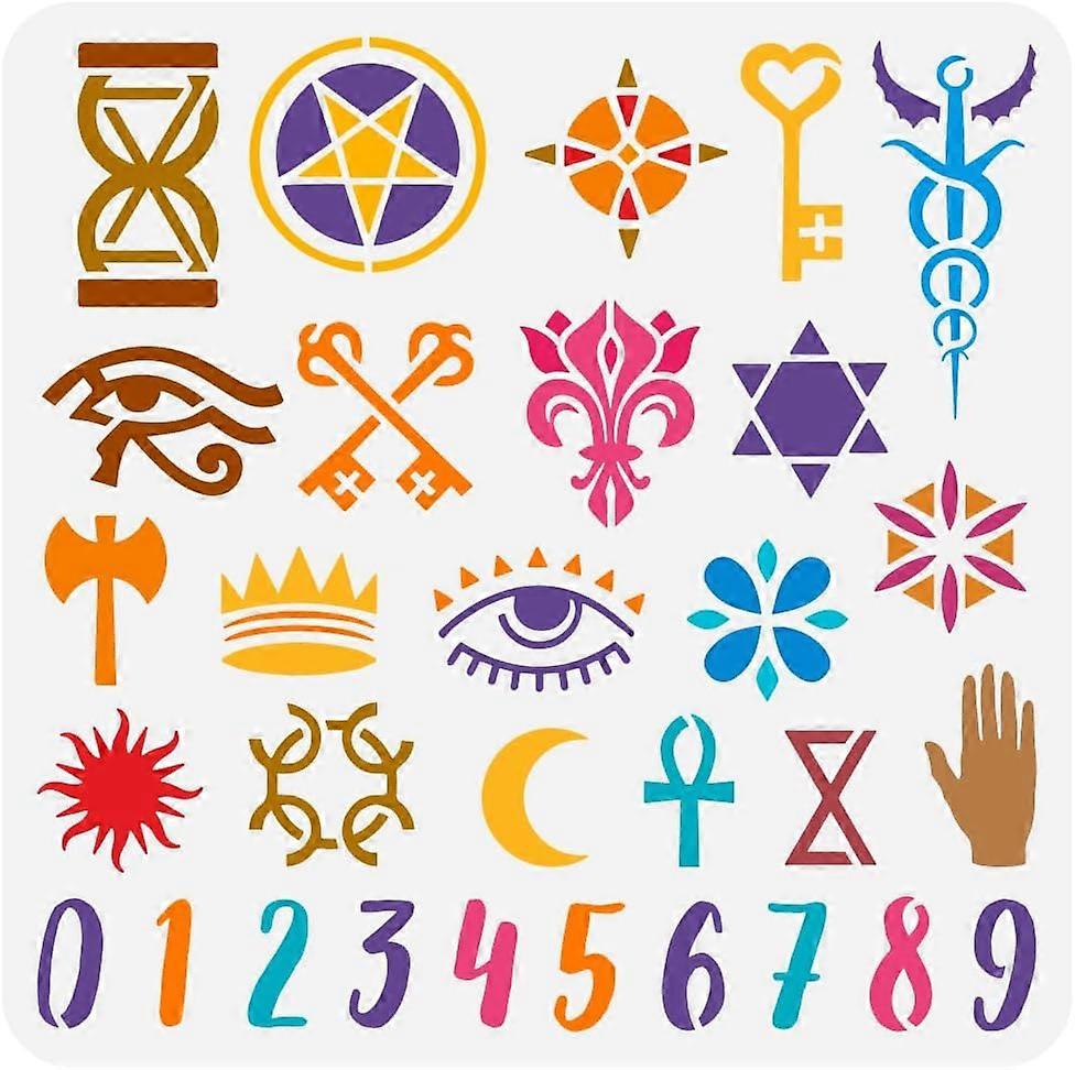 Tarot Symbols Painting Stencil 11.8x11.8 inch Hollowed Tarot Symbol Patterns Drawing Template Large Hourglass Key Eye Moon Hand Numbers Stencil for Pa