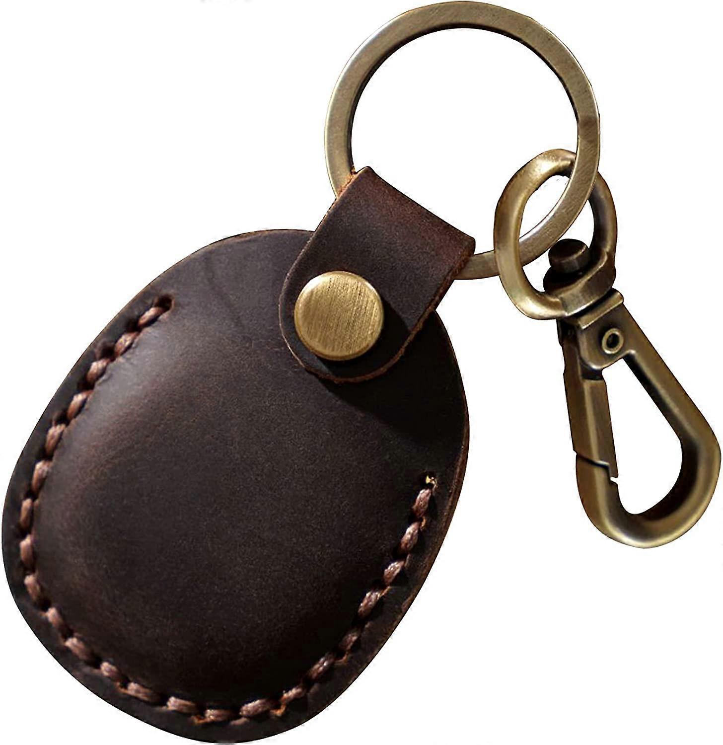 Leather Airtag Key Holder, Portable Handmade Genuine Leather Tag Holder with Protective Case Key Chain Compatible for AirTags 2021 Dark Brown