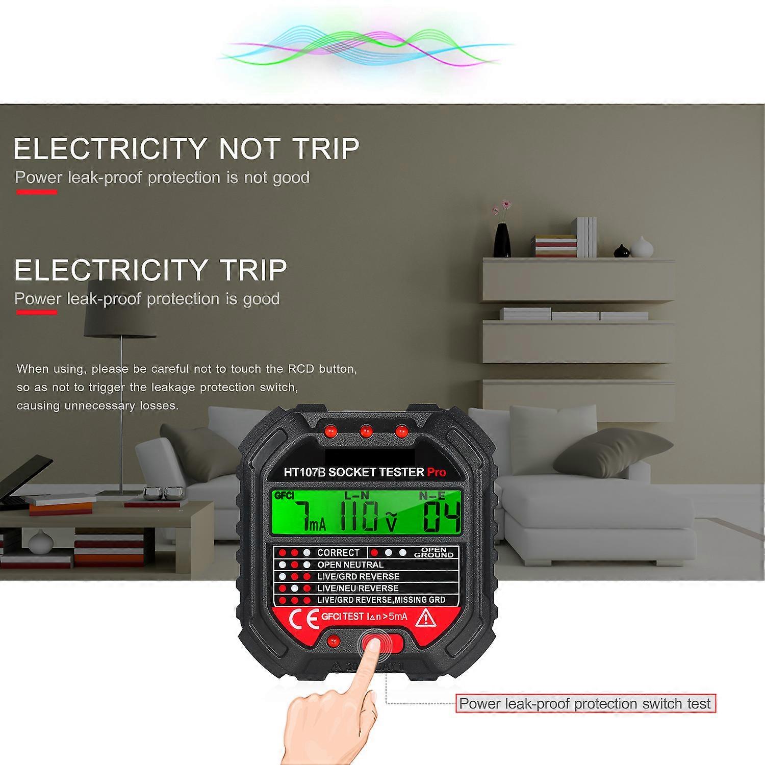 HT107 Socket Tester Voltage Test Socket Detector 90-250V Automatic Electric Circuit Polarity Voltage Detector Breaker Finder
