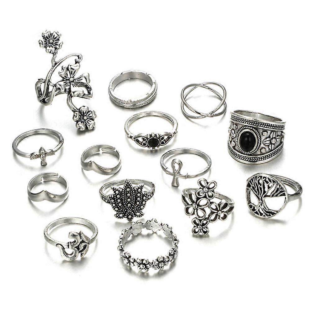 14 Pcs Flower Carving Pattern Black Gem Vine Petal Ring Set for Knuckle Rings