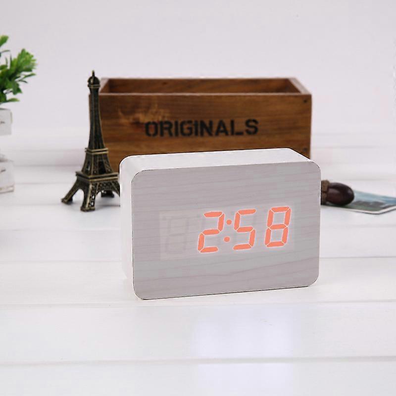 Battery\USB charging LED digital alarm clock, display temperature, 3 sets of alarms and 2 sets of alarm modes, 3 brightness adjustments (white wood re