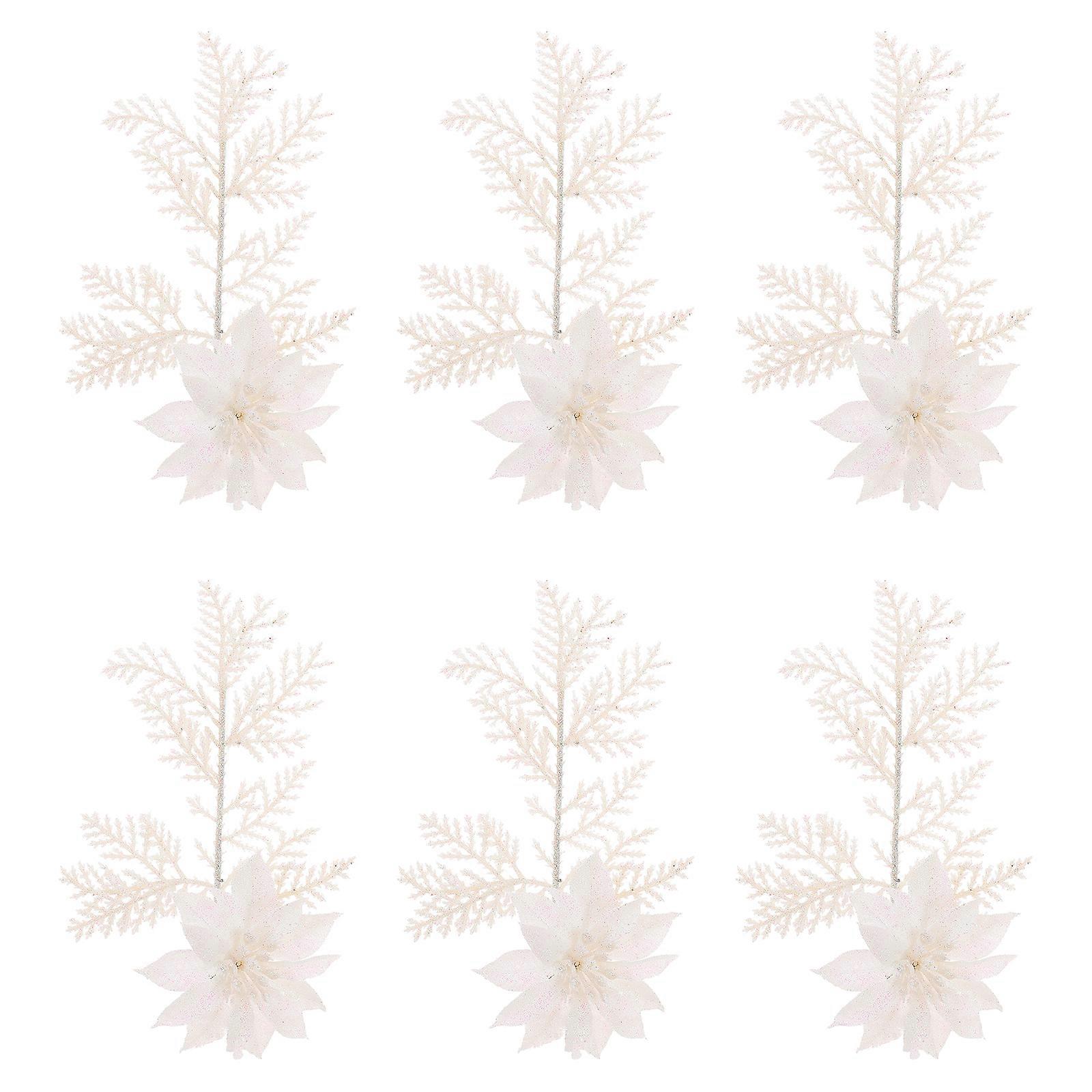 6pcs Glitter Artificial Flower Christmas Tree Flower Pine Branches with Clip
