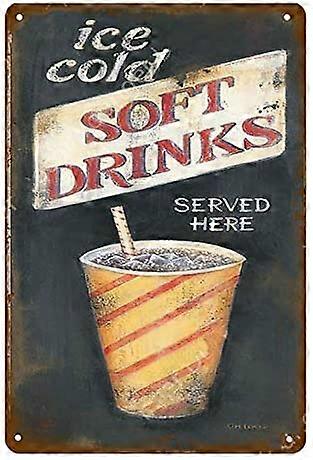 LINCMAN Vintage Tin Sign Ice Cold Soft Drinks Served Here Metal Wall Panel Retro Art Decoration for