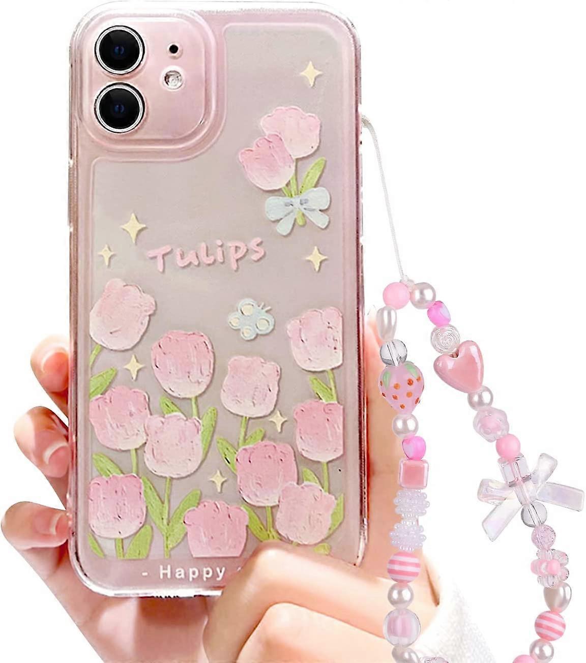 Compatible with iPhone 7 Case,iPhone 8 Case,iPhone SE 2020/SE 2022 Case Flower and Tulip Design Cute Bowknot Strawberry Pearl Chain Slim Soft TPU Phon