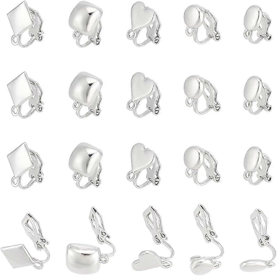 20Pcs 5 Styles Alloy Clip-On Stud Earring Metal Flat Round Blank Clip-on Earring Heart DIY Not Easily Allergic Clip-On Earring Converter Flat Earring