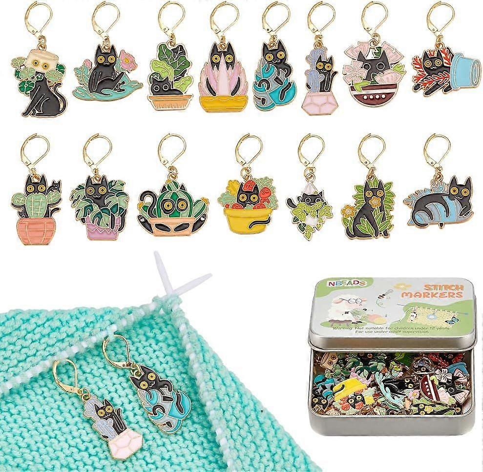 15 Pcs 15 Styles Cat with Plants Stitch Markers Alloy Enamel Crochet Stitch Marker Locking Stitch Marker with Leverback Locking Knitting Crocheting fo