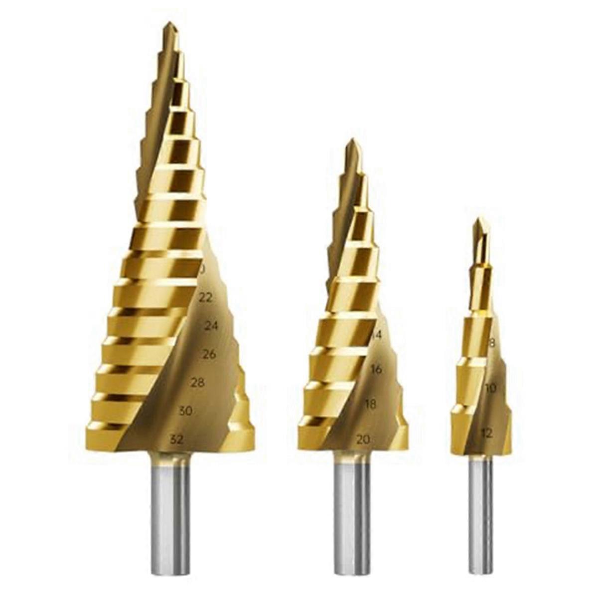 Step Drill Bit Set, 3Pcs Titanium Step Drill Bits, Metric 4mm to 32mm HSS6542 Drill Cone Bits for Metal, Wood, PVC B