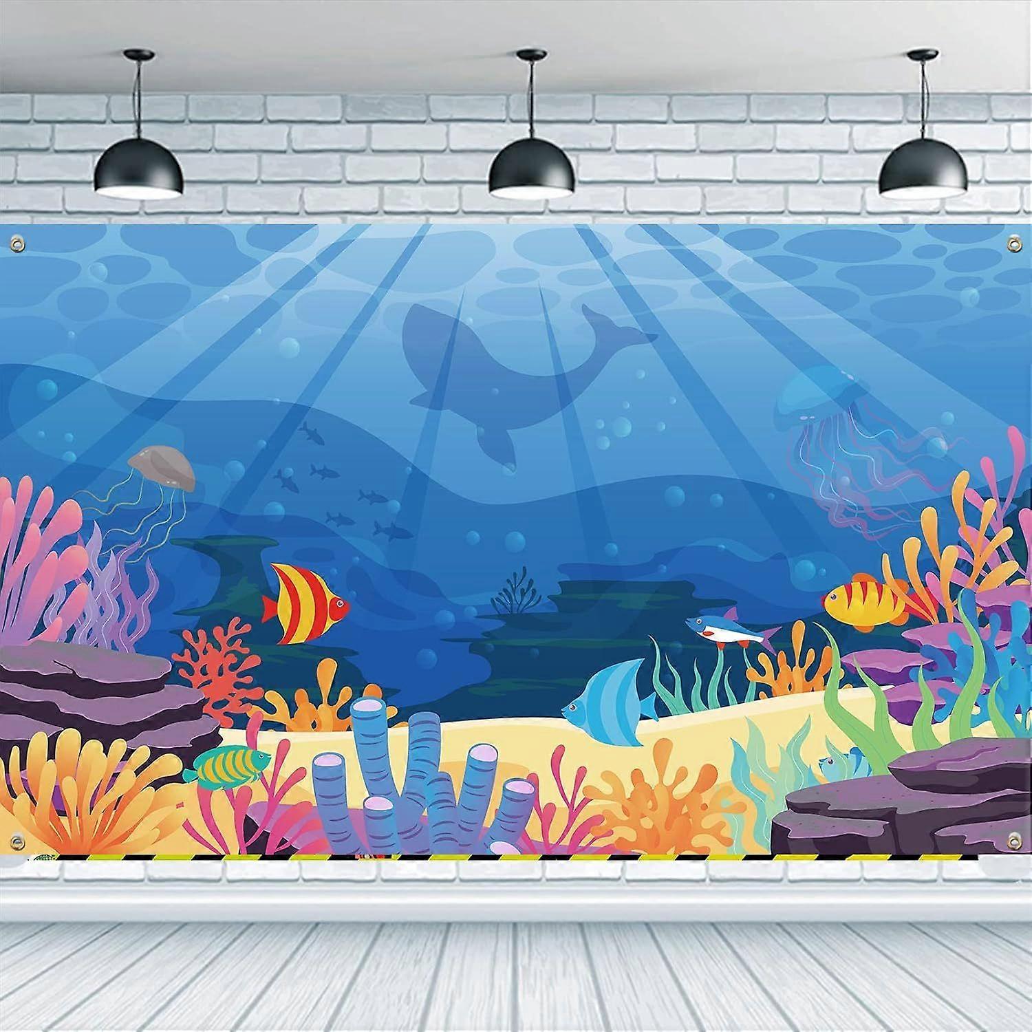 Under The Sea Backdrop 6x3.6ft Colorful Reefs and Algae Hanging Banner Party Decoration Underwater Ocean World Backdrops Kids Party Banner Cake Tablec