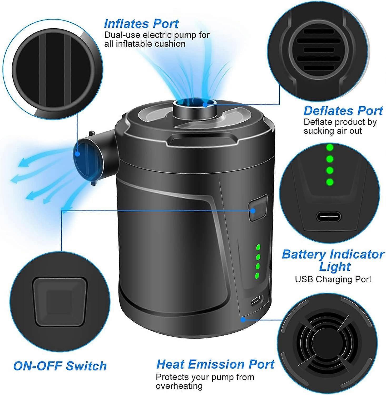 Airbed Pump Portable Air Pump 4000mAh USB Rechargeable - Cordless Inflator For Es & Pool Floats Air Mattress Airbed Pump Battery