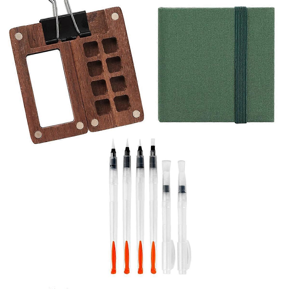 Mini Watercolor Paint Set - Portable Travel Kit with Wooden Palette, Sketchbook, Brushes, and Clips for Artists Painters
