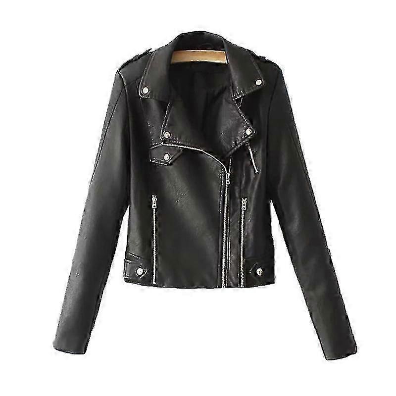 Faux Leather Women's Motorcycle Jacket - Fall/Winter Solid Color, Lapel & Zipper Pocket