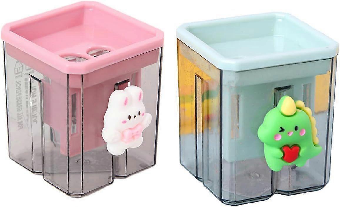 2pcs Creative Cute Cartoon Double Hole Pencil Sharpener, Student Hand Pencil Sharpener, Green Dinosaur + White Rabbit
