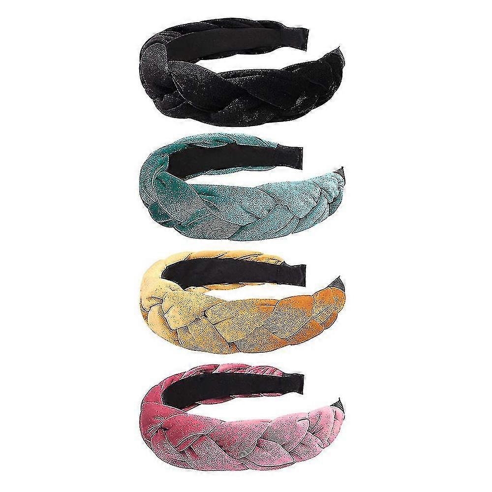 Headbands, 4 - Piece Set, Braided Design, Soft Velvet Material, in Black, Teal, Yellow, and Pink Colors