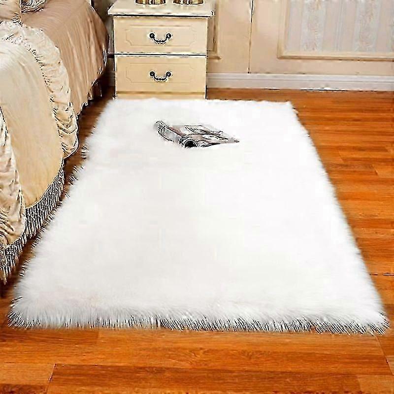 NEUFU Faux Wool Rug Rectangle Trim Faux Washable Carpet 60cm x 90cm WHITE