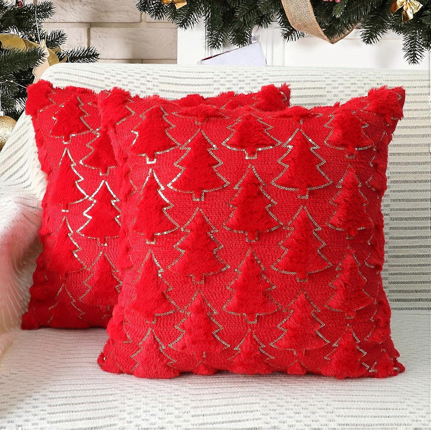 Christmas pillowcase 16x16 inches two-piece set red Christmas tree pillowcase soft plush imitation wool pillowcase