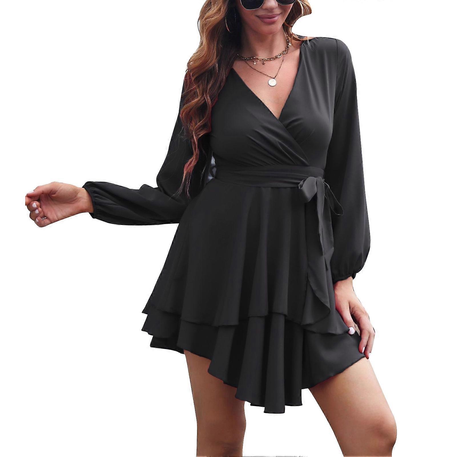 Woman Wrap V Neck Short Dress Long Sleeve Tie Waist Casual Ruffle Tired Hem Flowy Swing Mini Dress | Fruugo UK Woman Wrap V Neck Short Dress Long Sleeve Tie Waist Casual Ruffle Tired Hem Flowy Swing Mini Dress | Fruugo UK