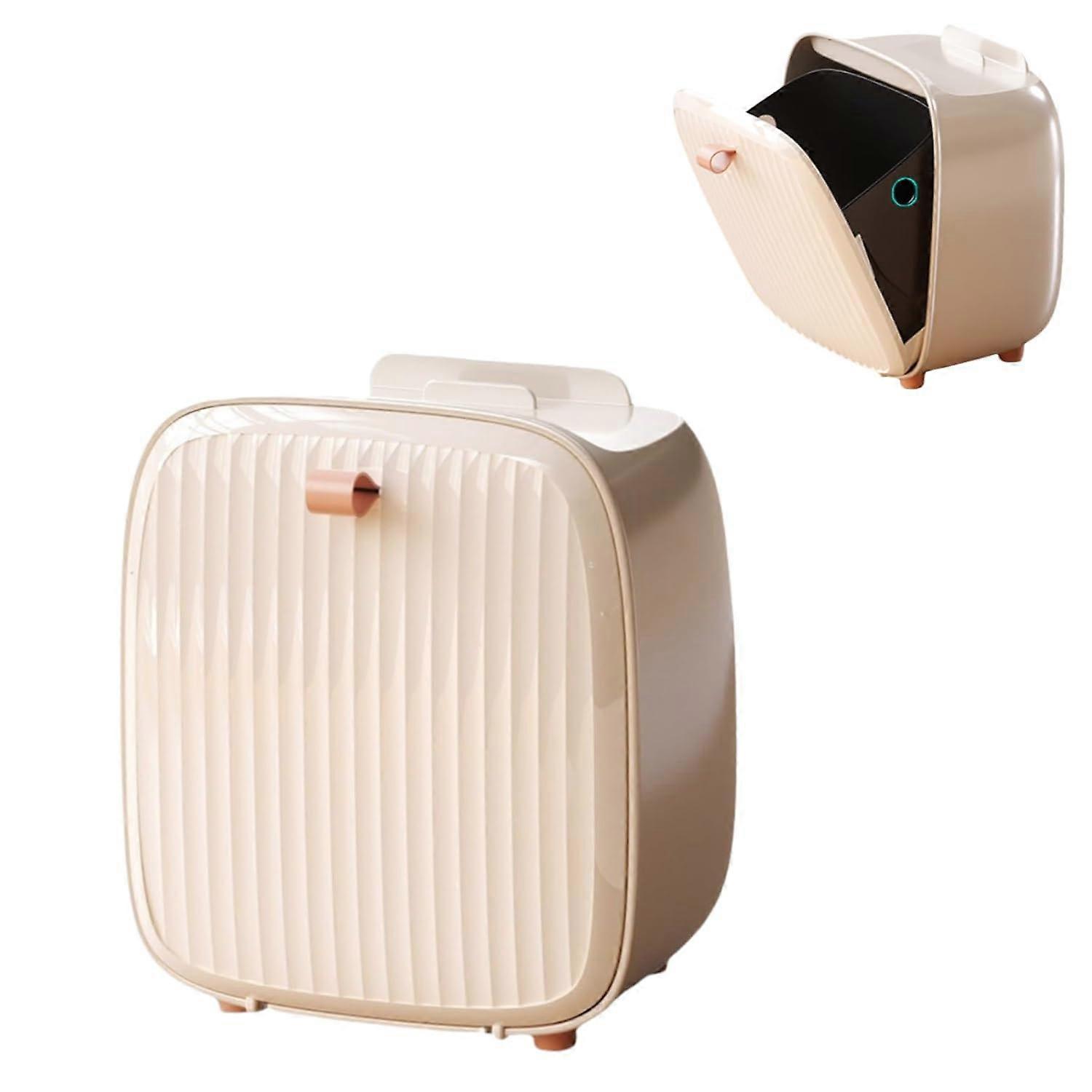 Mini Trash Can with Lid, Desk Trash Can with Phone Holder, Plastic Trash Bin, Beige