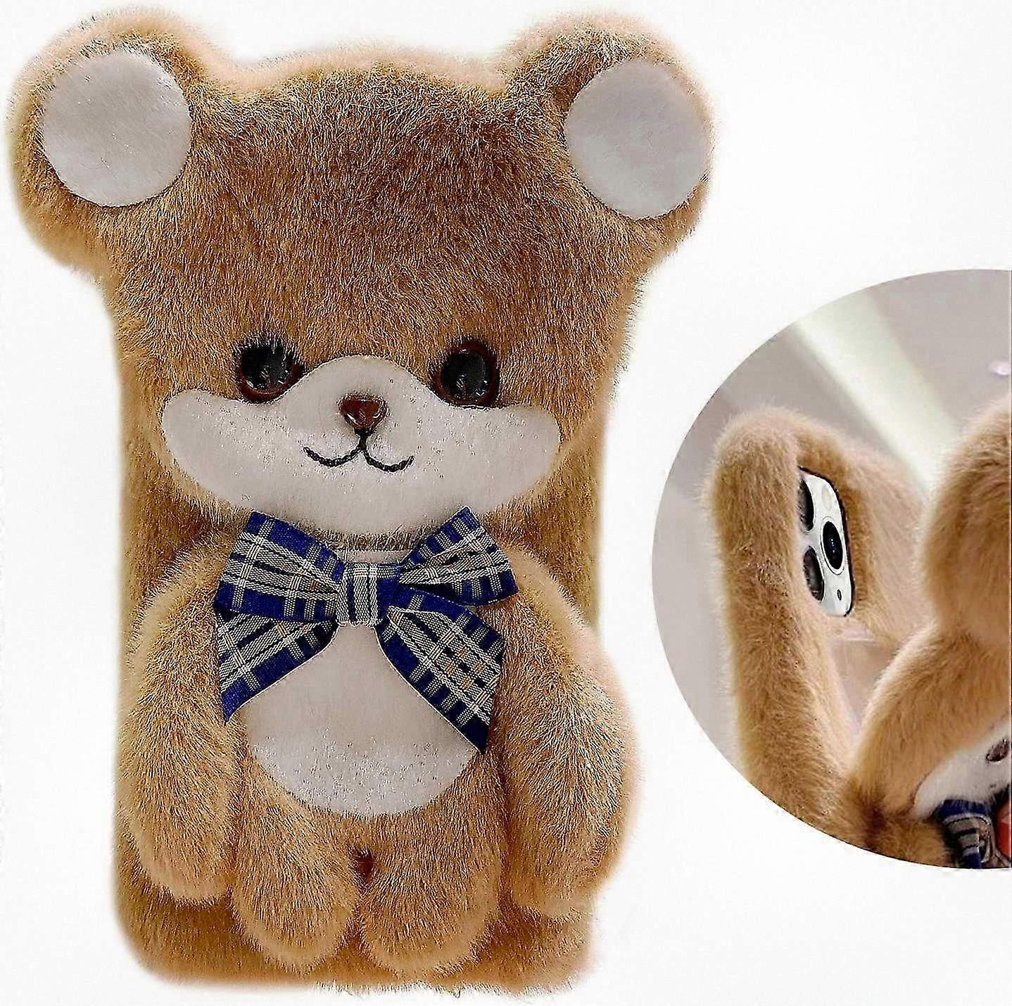 Compatible with a Certain Brand 12 Mini Fuzzy Plush Case Cute 3D Funny Cartoon Bear Handmade Fluffy Furry Fur Bowknot Winter Warm Smooth for
