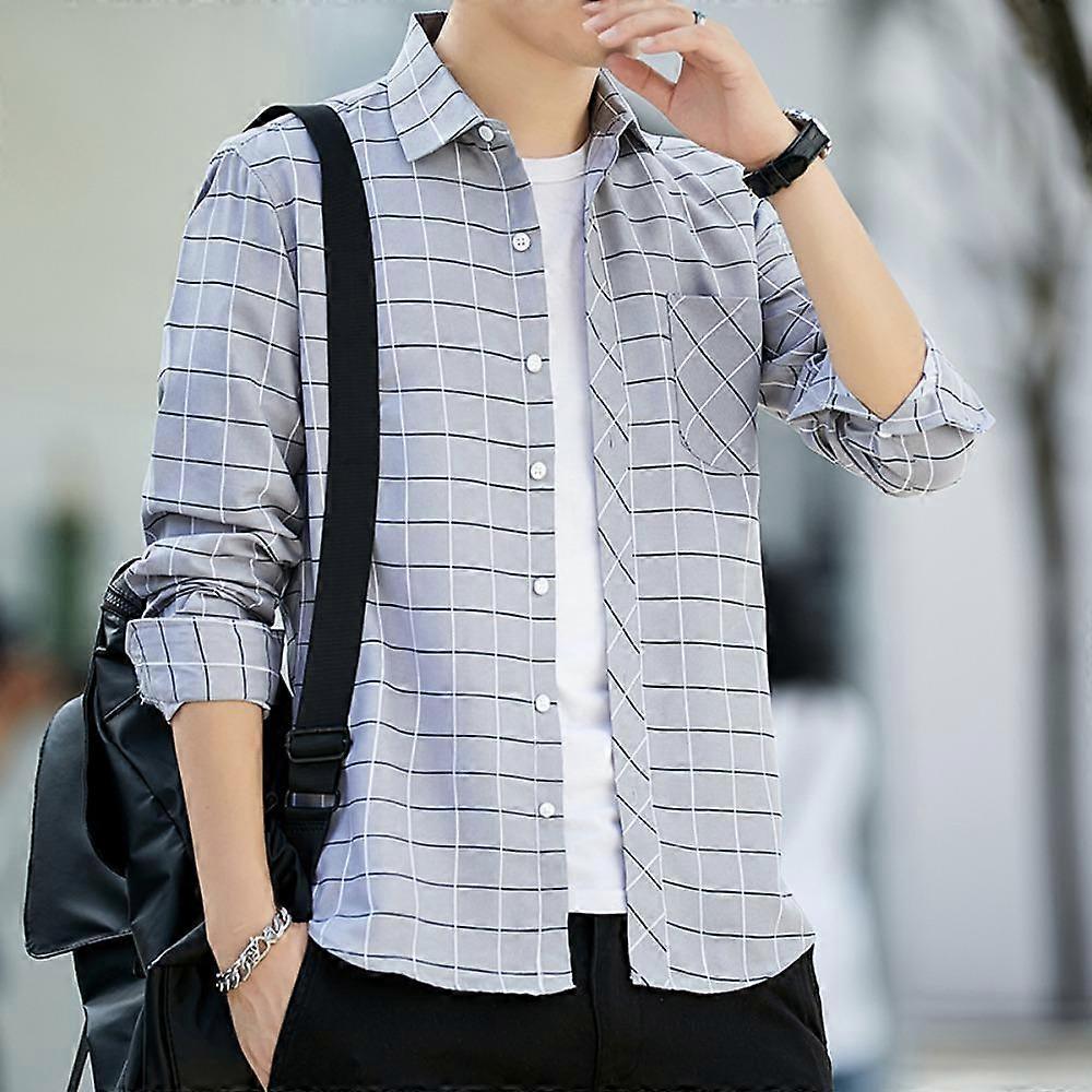 Men's Shirt Long Sleeved Plaid Striped Single Breasted Male Business Casual Top Front Patch Chest Pocket Office Blouse
