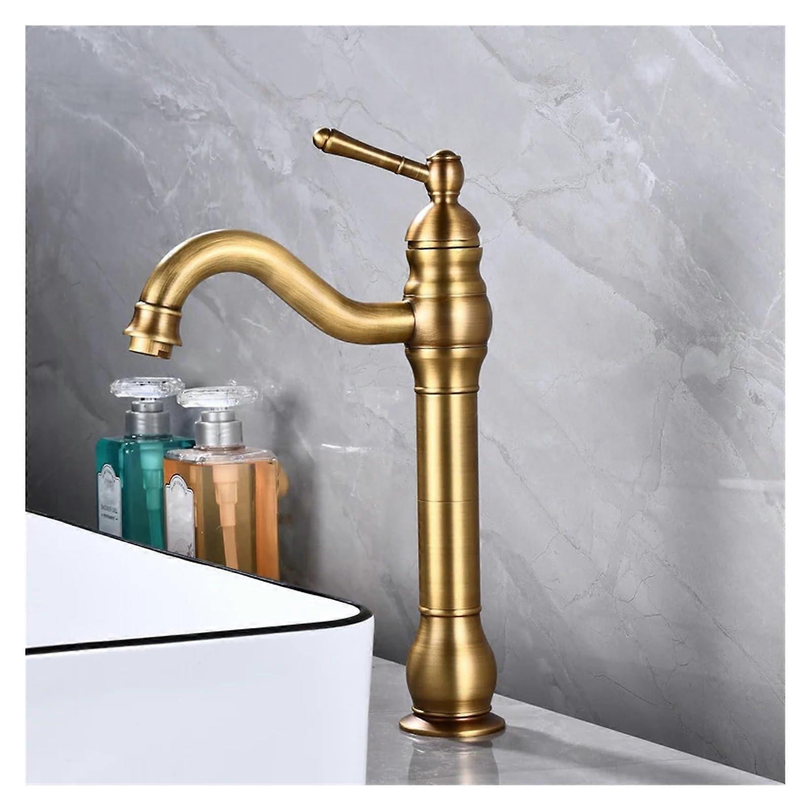 Antique Brass Basin Container Faucet, Countertop Mounted Hot and Cold Mixing Single Hole, Brass Finish, Bathroom Sink