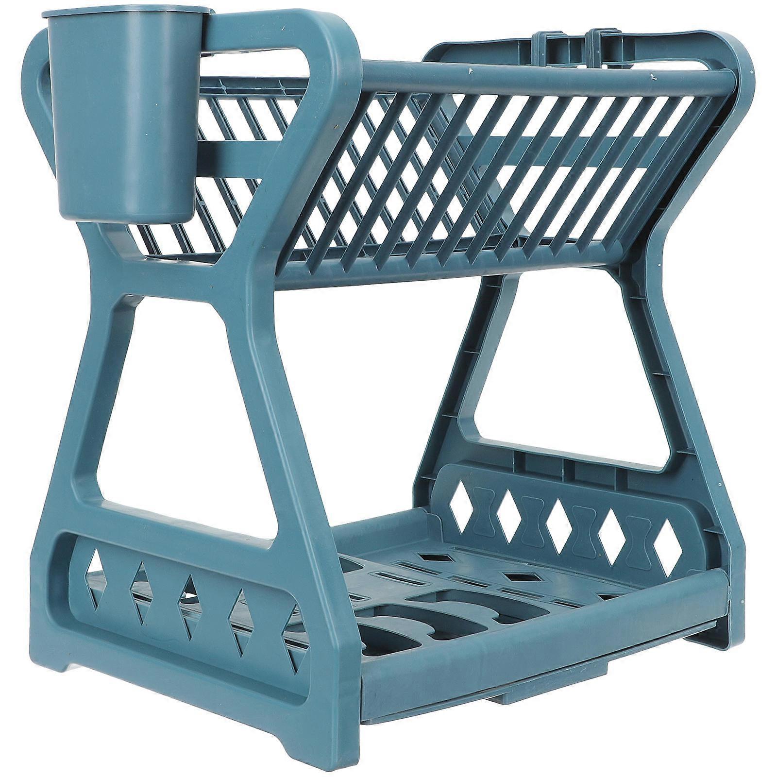 Dish Drainer Holder Multi-Function Tableware Rack Draining Kitchen Utensils 33x26cm Blue 1Pack