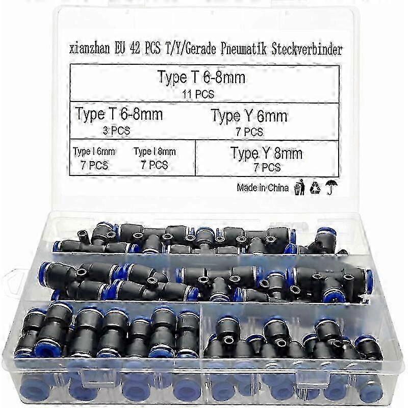 42PCS Quick Connector Set for Compressed Air with T/ Y/ I Straight Type Pneumatic Fittings, Compatible with 6mm/ 8mm Compressors, Includes S