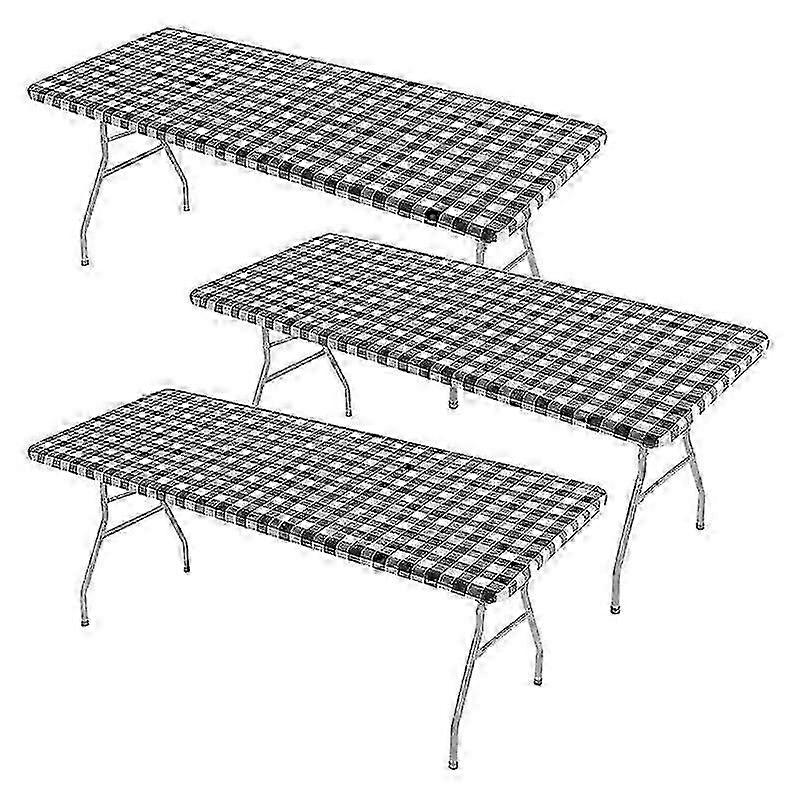 3 Pcs Fitted Tablecloth for Table,Stretch Waterproof Elastic Vinyl Picnic Table Cover with Flannel JN