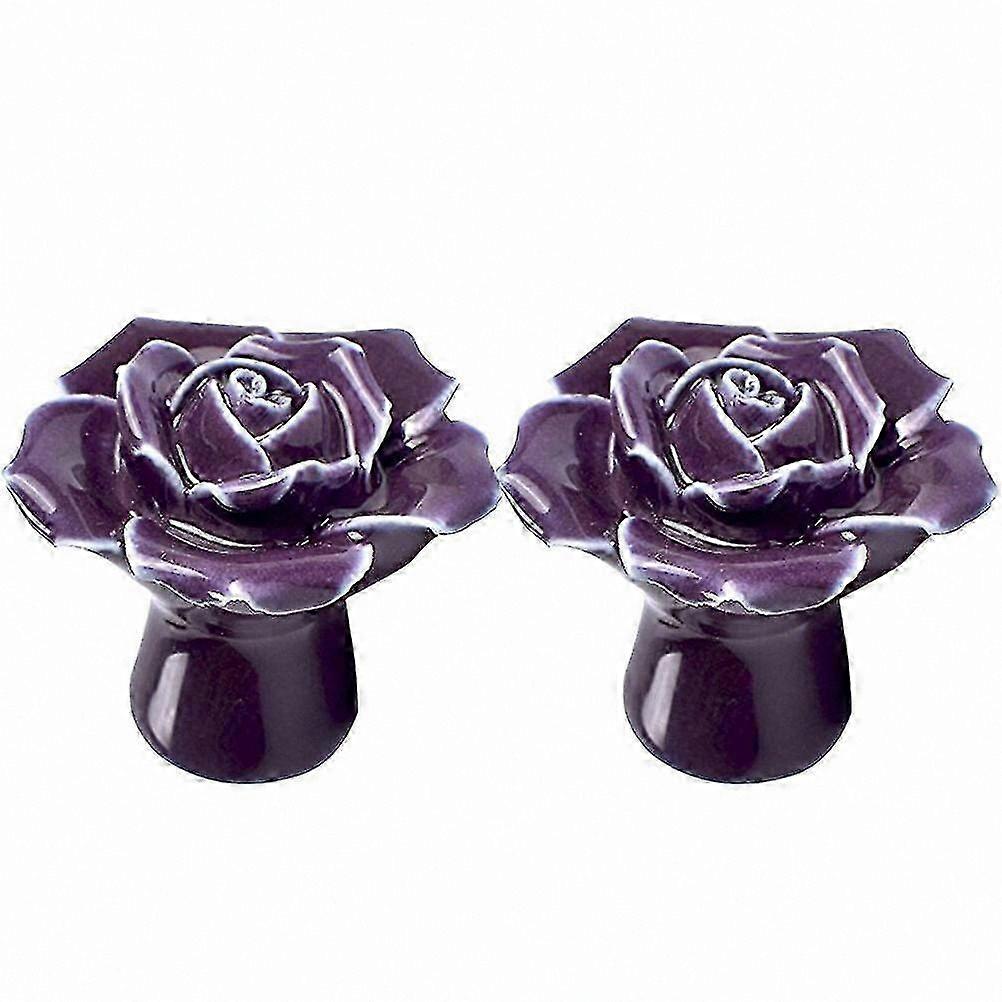 2-Pack Purple Ceramic Rose Cabinet Knobs, Drawer Pull Handles for Kitchen Furniture