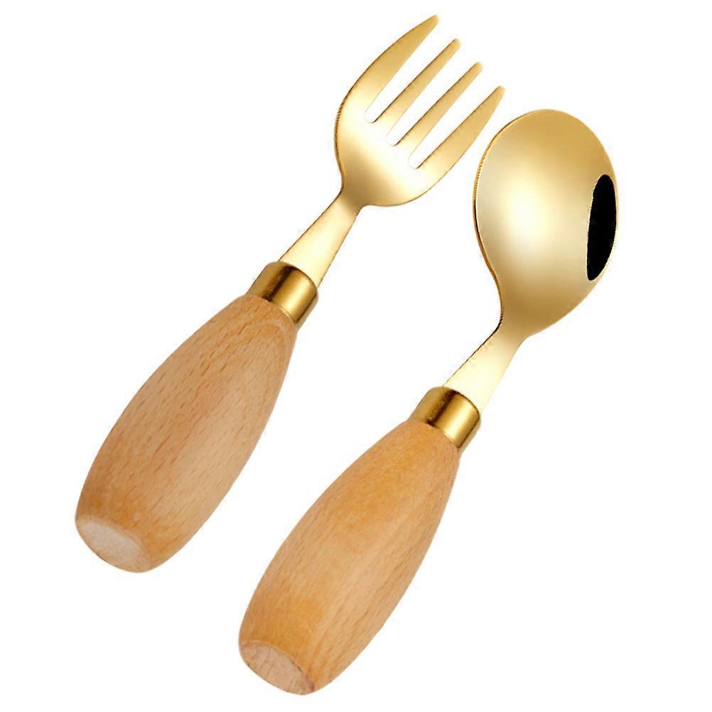 Golden Stainless Steel and Wood Baby Forks with Short Handle for Kitchen Use Curved Spoon Set Easy to Clean Kids Utensils 2pcs