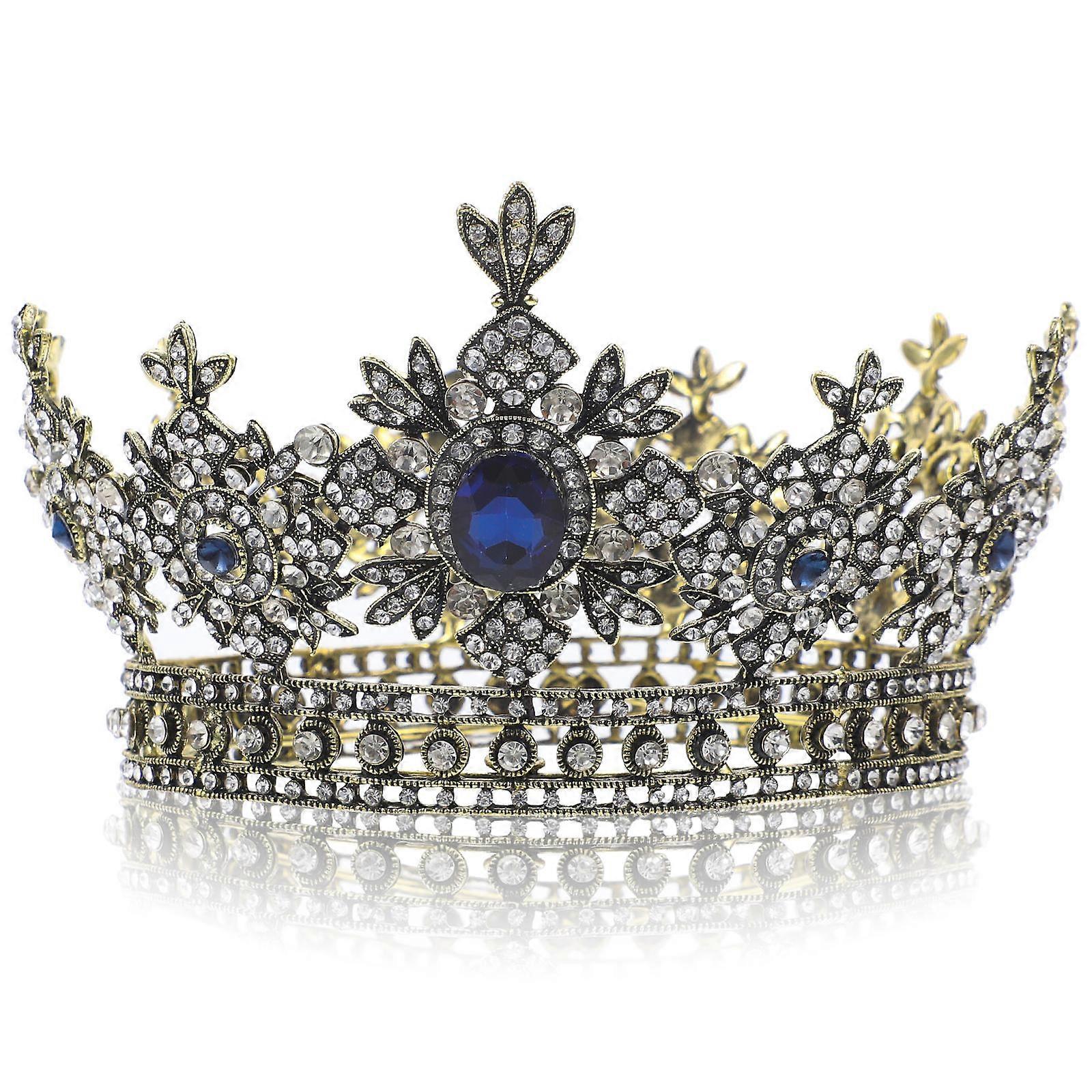 Blue Retro Crystal Crown Headdress for Decoration Durable and Fadeless with Hair Comb 1 Pc