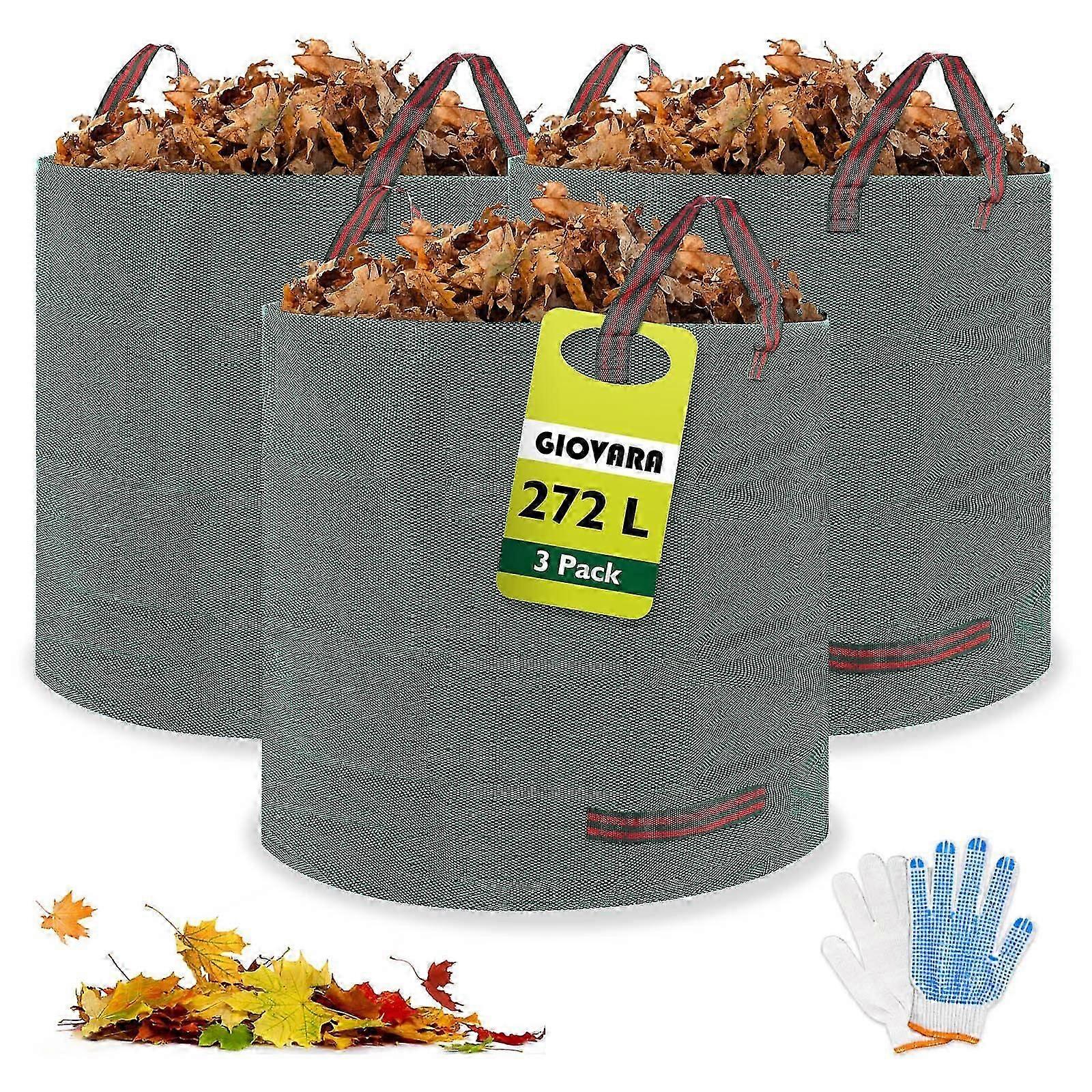 272L Garden Waste Bags 3 Pack, Waterproof Heavy Duty Large Refuse Sacks with Handles, Foldable and Reusable (3)